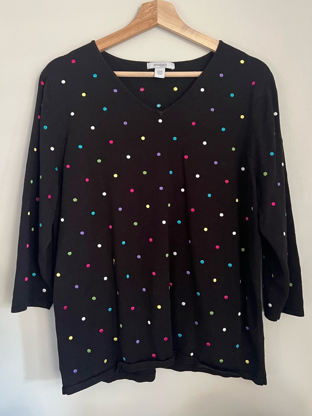 DressBarn Black V-Neck Sweater with Embroidered Multicolor Polka Dots